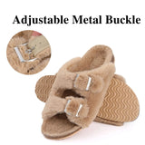 Women's Fluffy Slide Sandals with Cork Footbed, Fuzzy Open Toe House Shoes, Adjustable Indoor Slippers with Arch Support