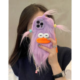 Charming 3D Furry Monster Case with Bow for iPhone 11-15 Pro Max, Hand Warmer Design