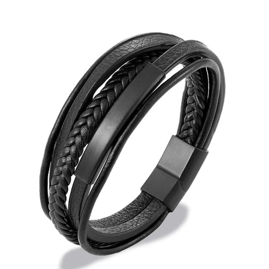 Men's Genuine Leather Multilayer Woven Bracelet – Premium Stainless Steel Magnetic Buckle | Handmade Charm Jewelry Gift