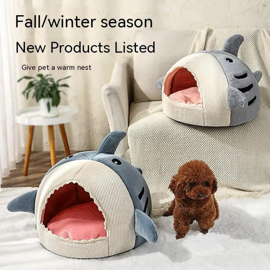 Warm Winter Pet Bed: Semi-Enclosed Shark-Style Nest for Cats and Dogs, Cozy and Popular Mat, Essential Pet Supplies