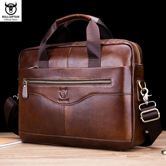 BULLCAPTAIN Men's Genuine Leather Briefcase: 14-inch Laptop Messenger Bag for Office and Business