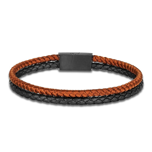 Black Stainless Steel Double-Layer Leather Keel Rope Bracelet – Magnetic Buckle for Men & Women | Perfect Couple Gift for Him