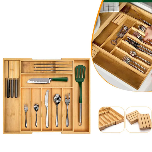 Expandable Premium Bamboo Silverware Organizer with Removable Knife Block – Large Kitchen Drawer Organizer