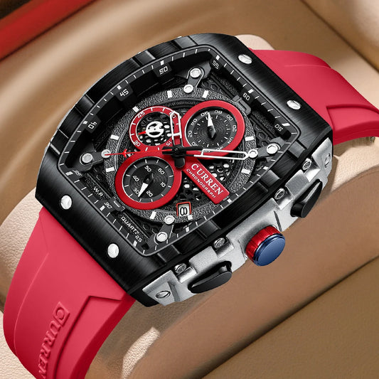 CURREN Men's Square Quartz Watch: Silicone Strap, Auto Date, Casual Chronograph, Waterproof, Luminous, Male Timepiece