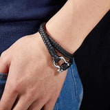 Black Double-Layer Braided Leather Bracelet – Stainless Steel Horseshoe with Detachable Screw Clasp | Unisex Wristband Jewelry