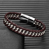 Men's Punk Vintage Cuban Link Bracelet – Black Multilayer Woven Genuine Leather with Stainless Steel Bicycle Chain | Jewelry Gift