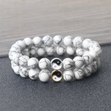 Yin Yang Tai Chi Elastic Bracelet – 8mm Pine Stone & Black Matte Beads | Energy Charm Natural Stone Couples Jewelry