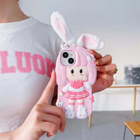 Cartoon Bunny Ears Silicone Phone Case for iPhone 11-15 Pro Max: Cute Plush Girl Bear Lens Cover