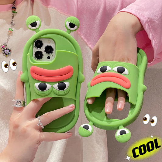 Fun Frog Slippers Silicone Case for iPhone 11-15 Pro Max: Super Cute 3D Eyes and Sausage Mouth Cartoon Cover