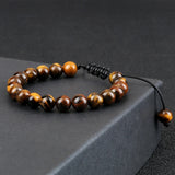 Men's 8mm Tiger Eye Stone Beads Bracelet – Adjustable Braided Rope with Natural Lava Rock | Yoga Healing Balance Jewelry