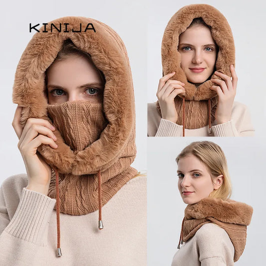 Women's Winter Hooded Fur Cap Set: Knitted Cashmere, Windproof Balaclava, Thick Plush Beanie