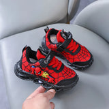 Spring-ready Disney Spiderman LED Sneakers for boys in Red and Black, sizes 21-30, with built-in lights and a non-slip sole