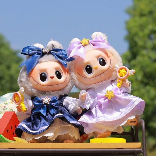 Labubu Doll Sakura Dress Outfit Set – 17cm Doll Clothes with Bow Hairpin, Magic Wand & Four-Piece Accessories for Stylish Play