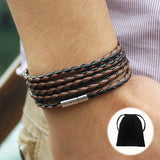 Men's Wrap Long Black & Brown Leather Bracelet – 5-Lap Sporty Fashion Bangle | Charm Gift with Velvet Bag