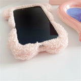 Adorable Plush Pink Pig Case with Bear Ears for iPhone 11 to 14 Pro Max, Furry Hand Warmer Cartoon Cover