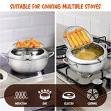 Small Stainless Steel Deep Fryer Pot for Japanese Tempura – Nonstick Frying Pot with Thermometer and Oil Drip Drainer Rack