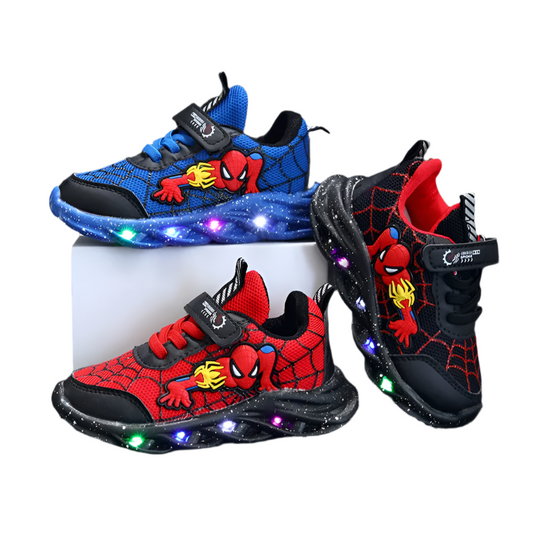 Spring-ready Disney Spiderman LED Sneakers for boys in Red and Black, sizes 21-30, with built-in lights and a non-slip sole