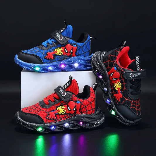 Spring-ready Disney Spiderman LED Sneakers for boys in Red and Black, sizes 21-30, with built-in lights and a non-slip sole