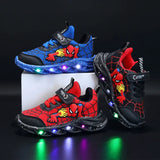 Spring-ready Disney Spiderman LED Sneakers for boys in Red and Black, sizes 21-30, with built-in lights and a non-slip sole