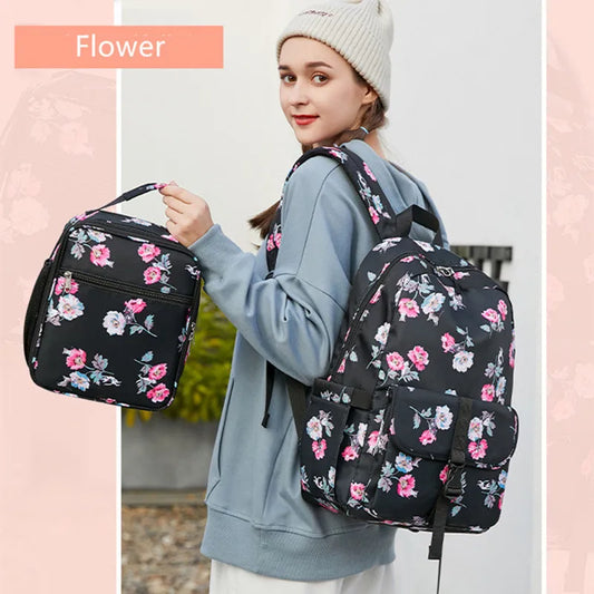 Girls' Flower Backpack and Thermal Lunch Bag: Pink and Grey Floral School Backpack for Girls