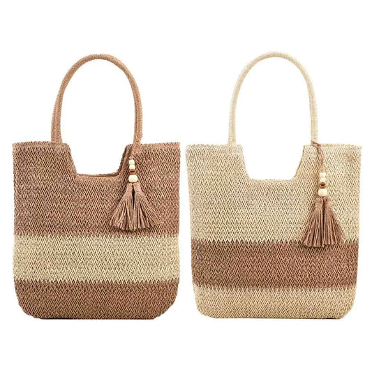 Stylish Summer Woven Tote For Women: Contrast Color with Tassels, Perfect for Beach or Travel