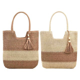 Stylish Summer Woven Tote For Women: Contrast Color with Tassels, Perfect for Beach or Travel