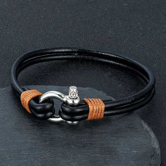 Luxury Leather Bracelet with Stainless Steel Mini Horseshoe Shackle & Screws – Stylish Accessory and Perfect Gift for Him