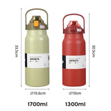 Large Capacity Thermos Water Bottle: 1300/1700ml Stainless Steel Thermal Cup with Lid, Straw, and Vacuum Flask for Sports and Gym