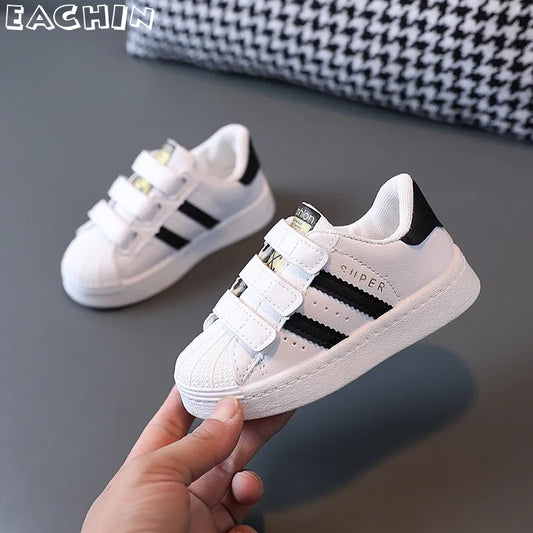 White Non-slip Children's Sneakers with Fashionable Design, Perfect for Boys and Girls, Featuring Hook Fasteners and Breathable Materials