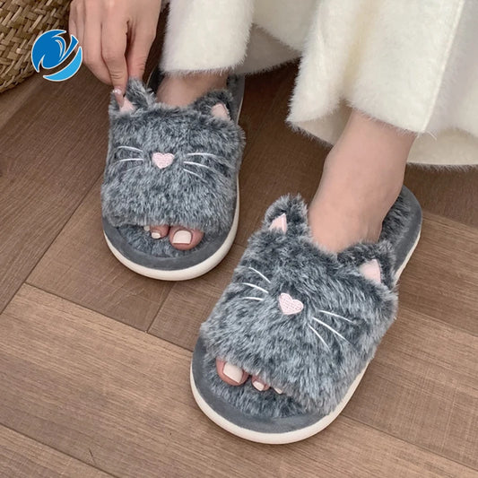 Women's Cute Cat Plush Slippers – Fashionable Cotton Slippers for Autumn and Winter with Anti-Slip Soft Bottom for Home Use