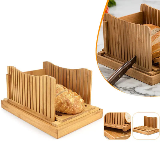 Adjustable Bamboo Bread Slicer – Foldable Cutting Guide for Homemade Loaves with Crumb Tray for Easy Cleanup