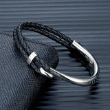 Men's Black Braided Leather Bracelet – Polished Non-Fading Stainless Steel Hook | Trendy Classic Cuff Charm Gift