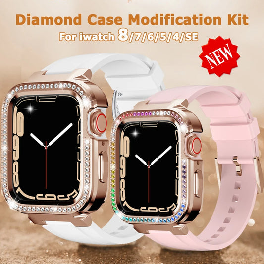 Diamond  Protective Case & Rubber Strap Kit for Apple Watch 8, 7, 6, SE, 5, 4