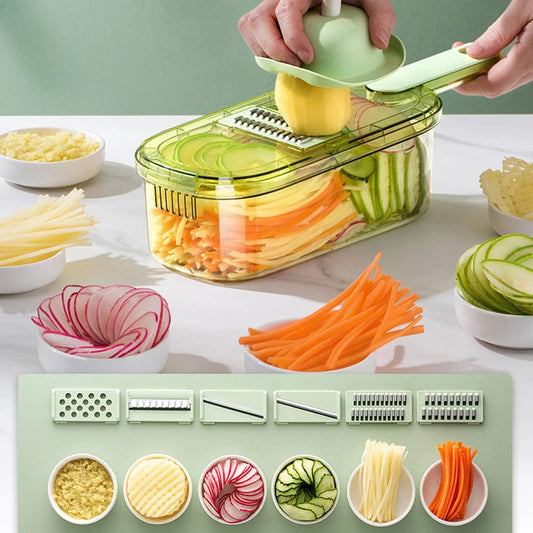 Versatile Vegetable Chopper with Basket, Shredder, Fruit Slicer, Potato Cutter, and Carrot Grater