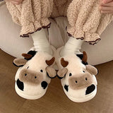 Women's Winter Plush Slippers with Adorable Cow Design, Warm Cotton Indoor Shoes, Fluffy Cartoon Anti-Skid Cloud Slippers for Home