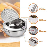 Small Stainless Steel Deep Fryer Pot for Japanese Tempura – Nonstick Frying Pot with Thermometer and Oil Drip Drainer Rack