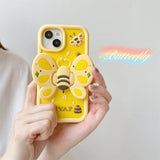 Lovely 3D Bee with Wings Holder Silicone Case for iPhone 11-14 Pro Max, Fun Cartoon Protective Cover