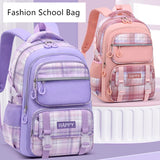 Plaid Purple School Bags for Kids: Waterproof Pink Backpacks with Large Capacity and Multiple Pockets, Perfect for Girls