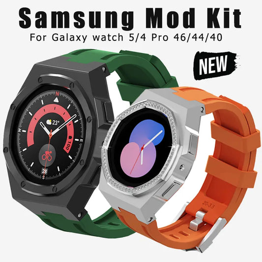 Stainless Steel Case for Samsung Watch 5 Pro 4 - Modification Kit for Galaxy Watch4 Classic 46mm with Rubber Strap