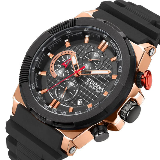 RUIMAS Luxury Men's Quartz Sports Watch: Silicone Strap, Luminous Hands, Chronograph