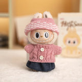 Labubu V1/V2 Party Outfit Set – 17cm Plush Doll Clothes with Bear Label Sweater, Jean Shorts, Scarf & Hat Accessories