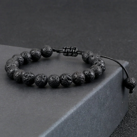 Men's 8mm Tiger Eye Stone Beads Bracelet – Adjustable Braided Rope with Natural Lava Rock | Yoga Healing Balance Jewelry