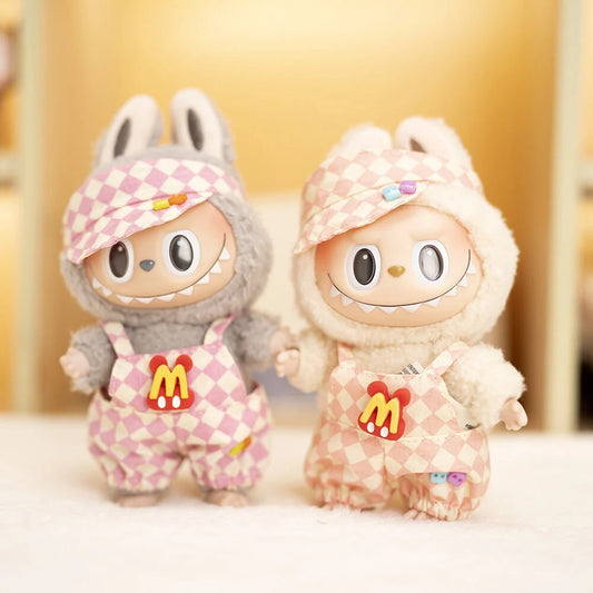 17cm Labubu Doll Checkerboard Tennis Outfit Set – Suspender Pants & Shirt Trendy Fashion Clothes for Baby Pendant Dolls