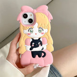 Anime 3D Cute pink dress girl hug Black cat silicon phone case for phone 15Pro Max 11 12 13 14Pro cartoon protection cover