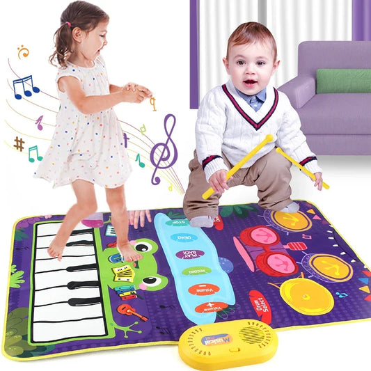 Kids' 2-in-1 Piano Mat: Piano Keyboard & Jazz Drum Music Touch Play Carpet, Educational Toy