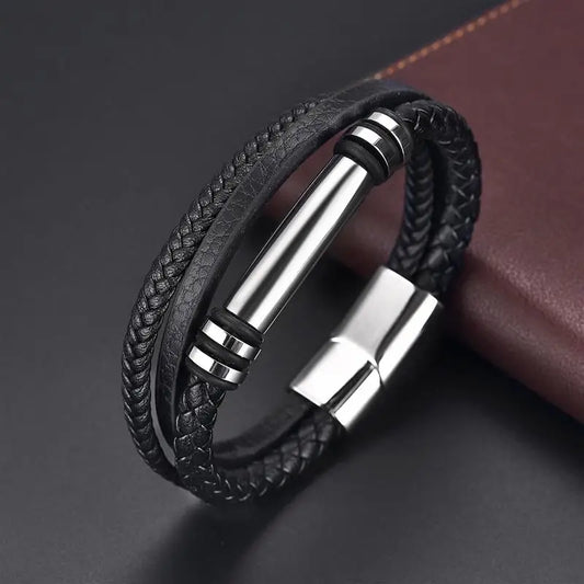 Men's Fashion Stainless Steel Leather Bracelet – Magnetic Clasp with Braided Multilayer Leather | Punk Rock Bangle Jewelry Gift