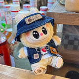 Labubu Doll Denim Outfit Set – 17cm Cowboy Hat, Denim Jacket, White T-Shirt & Khaki Shorts Fashion Clothes for Plush Dolls