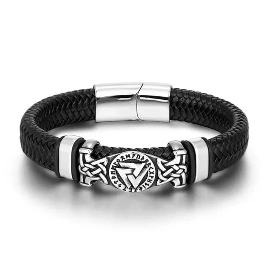 Men's Viking Vegvisir Amulet Bracelet – Vintage Braided Leather with Scandinavian Ouroboros Charm | Triangle Design Jewelry