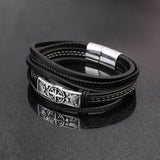 Men's Viking Compass Bracelet – Multilayer Leather with Norse Runes Amulet & Stainless Steel | Vintage Norse Mythology Jewelry