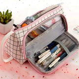 Multi-Layer Large Capacity Stationery Pen Case: Simple Plaid Pencil Case, Ideal for Travel and Cosmetic Storage